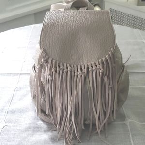 Women's Boho Fringe Backpack – Gray Faux Leather Bag with Zipper & Side Pockets